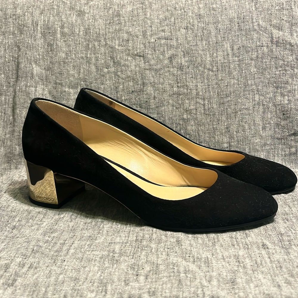 Jimmy Choo - Black Suede Gold Block Heel Pumps 41